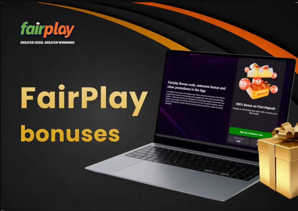 FairPlay bonus and promotions page displayed on a laptop with a gift box beside the screen.