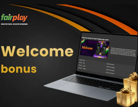 FairPlay welcome bonus offers displayed on a laptop with promotional gift boxes.
